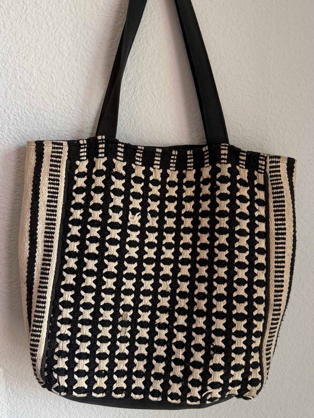 Love Stitch Black Cream Woven Boho Cotton Tote Bag